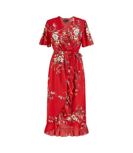 Robe Portefeuille Manches Volantées Motif/style Floral Femme Rouge Mela London