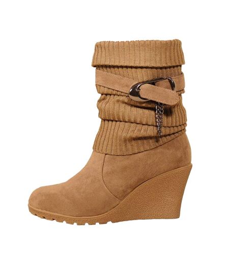 Womens/ladies bryony suede knitted collar wedge ankle boots khaki Where´s That From