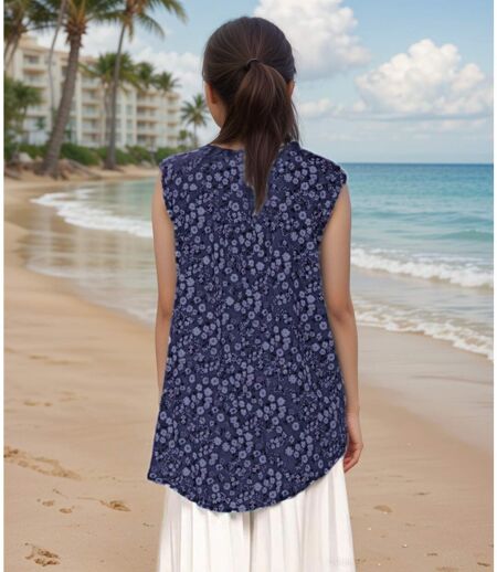 Tunique d'été fleurie sans manches - Blouse légère en bleu marine pour femme, idéale pour les beaux jours