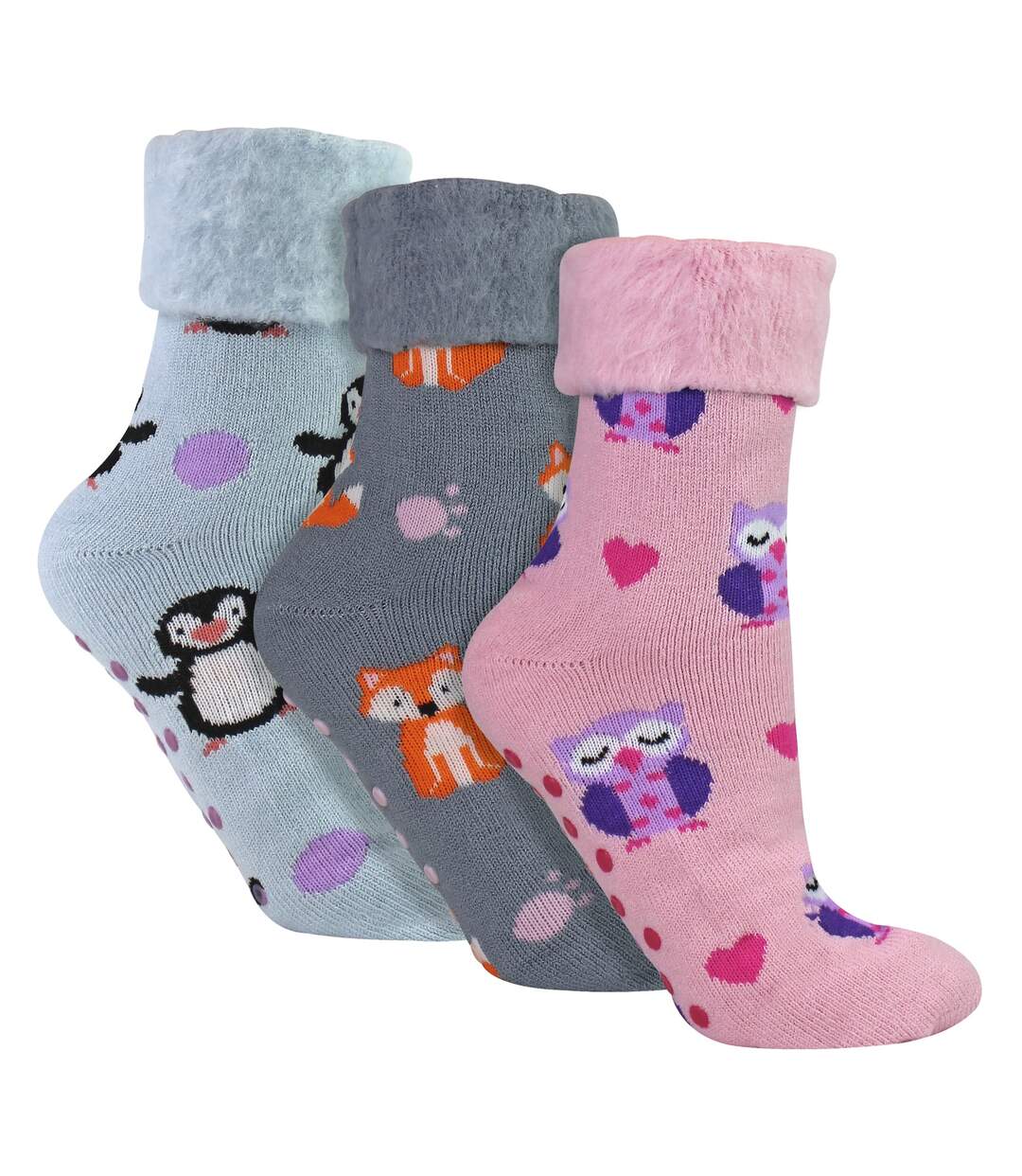 3 Pack Ladies Bed Socks with Grips | Cute Animal Pattern Brushed Non Slip Socks-3