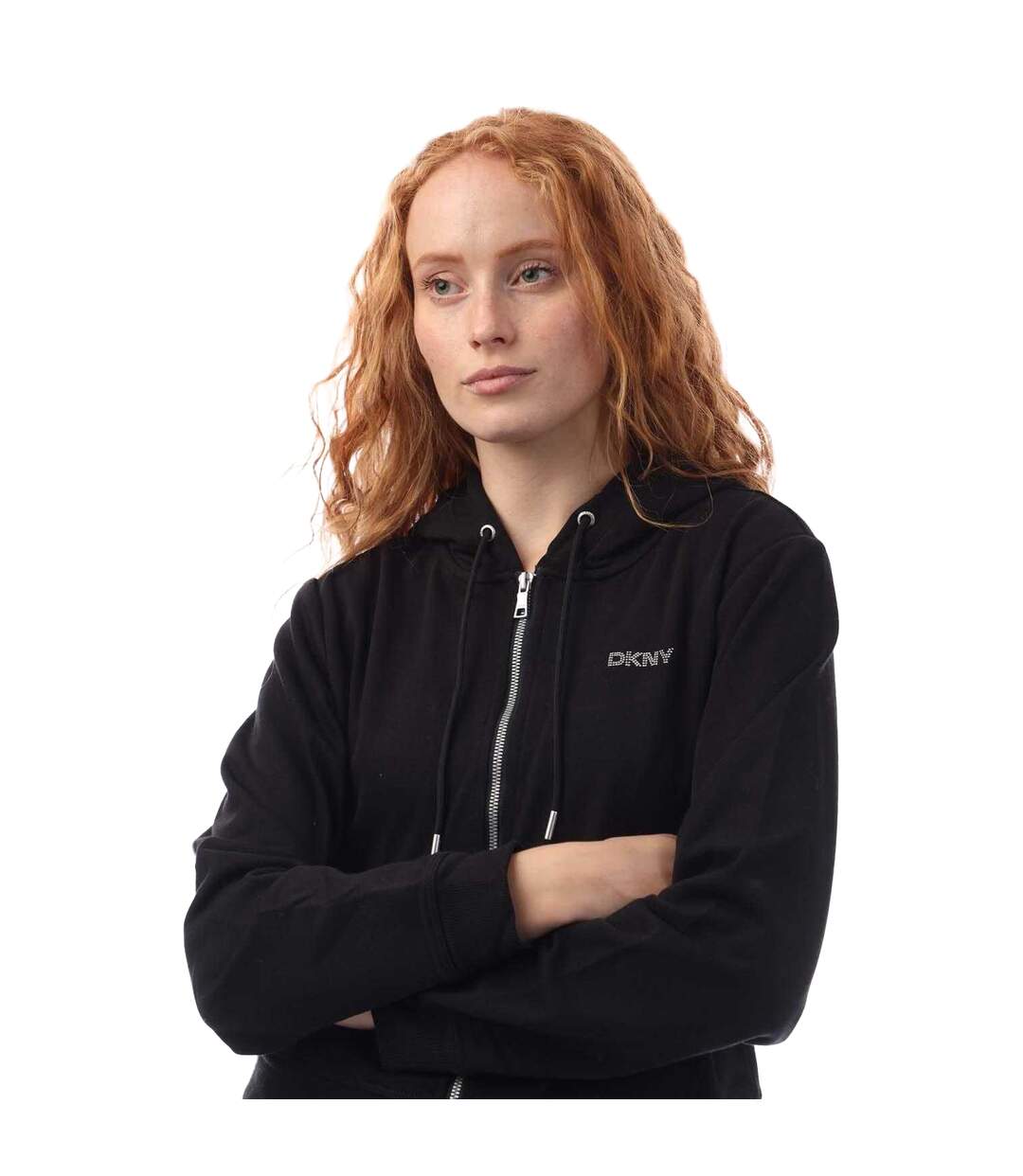 Womens/ladies Studded Logo Full Zip Hoodie Black DKNY-4