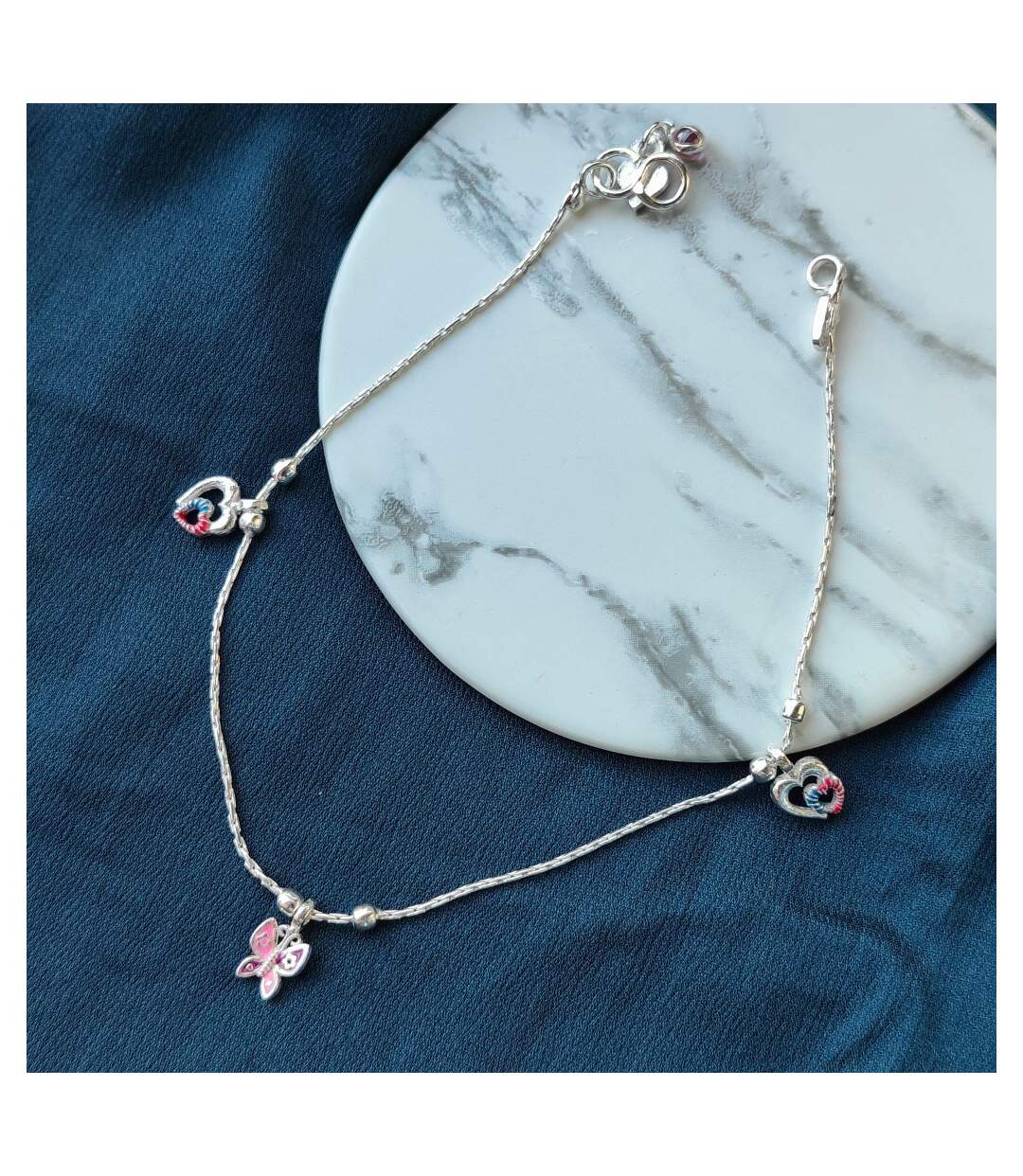 Pure Silver Heart and Butterfly Charm Dangle Thin Payal Anklet-1
