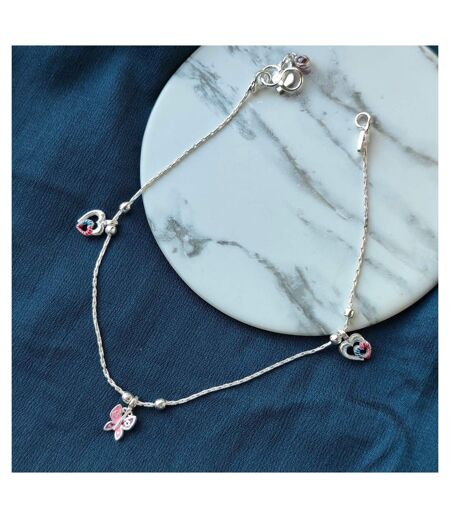 Pure Silver Heart and Butterfly Charm Dangle Thin Payal Anklet