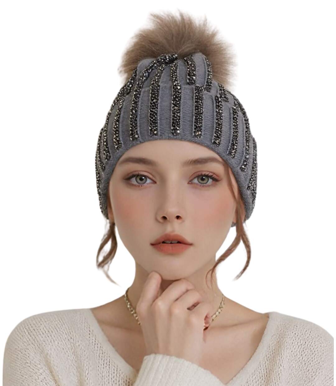 Bonnet Fashion Chic Femme avec Pompon en Fourrure et Strass - 100% Acrylique - Couleur Gris-1