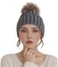 Bonnet Fashion Chic Femme avec Pompon en Fourrure et Strass - 100% Acrylique - Couleur Gris-1