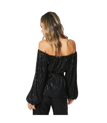 Womens/ladies sequin bardot long-sleeved blouse black Dorothy Perkins