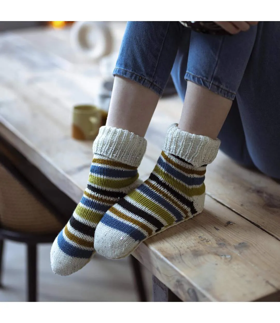 1 Pair Ladies Chunky Fair Isle Moccasin Grip Socks - Warm Winter Slipper Socks-3