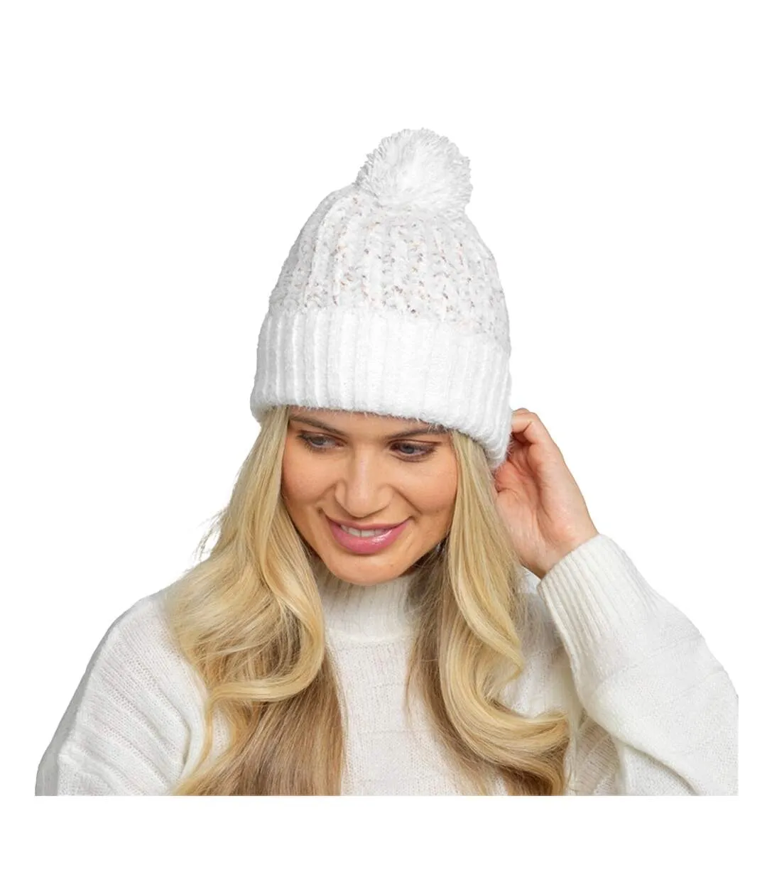 Womens/ladies Twisted Yarn Pom Pom Beanie White RJM-1