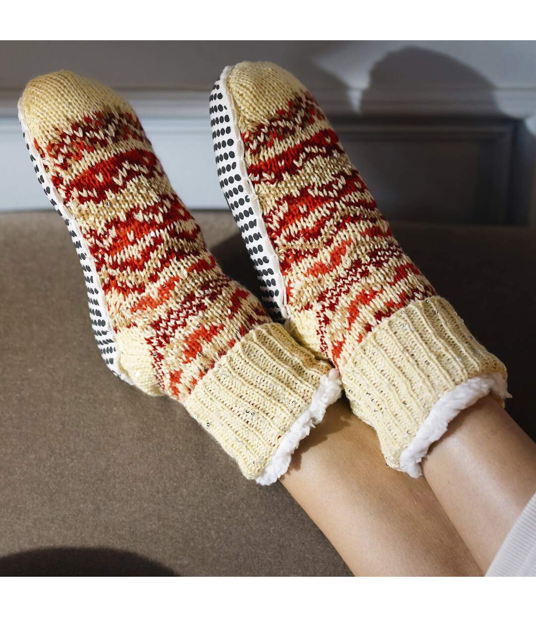1 Pair Ladies Chunky Fair Isle Moccasin Grip Socks - Warm Winter Slipper Socks-5