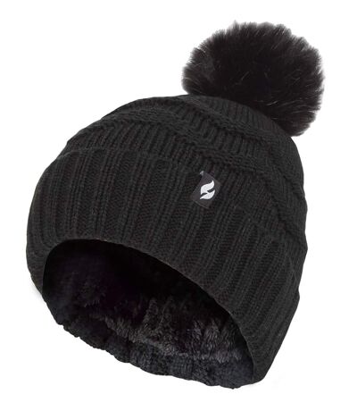 Ladies Winter Fur Beanie Hat | Heat Holders | Zigzag Patterned Pom Pom Hat | Womens Thermal Cuff Bobble Hat