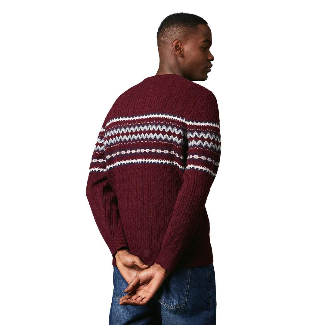 Mens fair isle cable knit crew neck jumper burgundy Maine-2