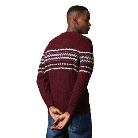 Mens fair isle cable knit crew neck jumper burgundy Maine