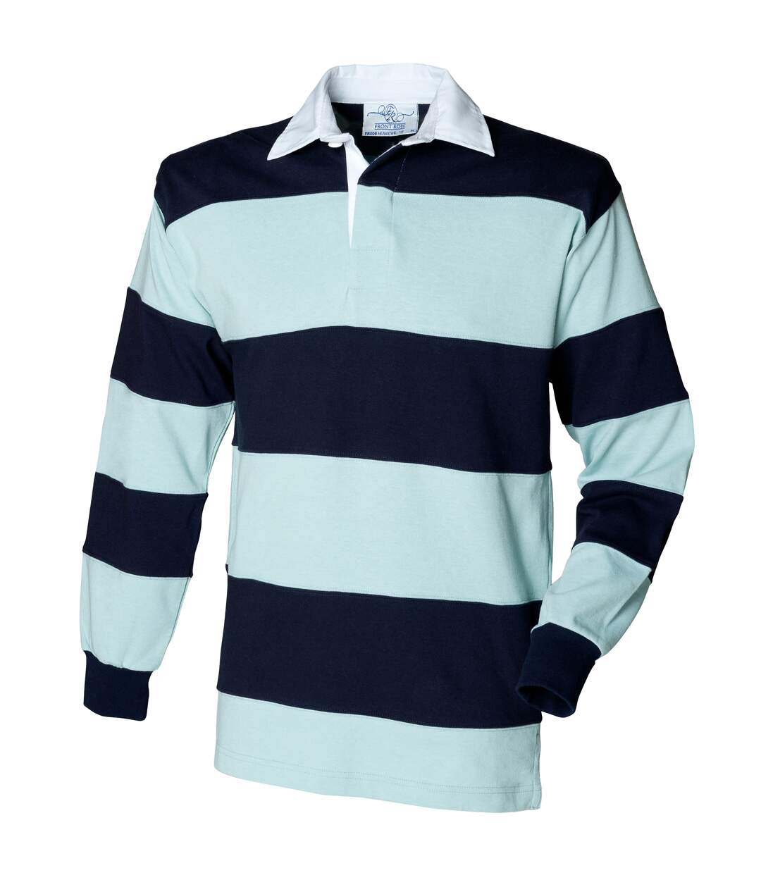 Front Row Sewn Stripe Long Sleeve Sports Rugby Polo Shirt (Duck Egg/Navy) - UTRW476