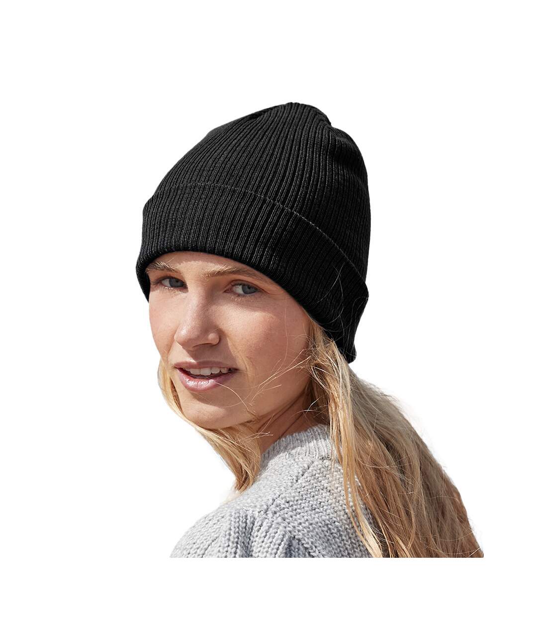 Unisex adult organic cotton fine knit beanie black Beechfield-3