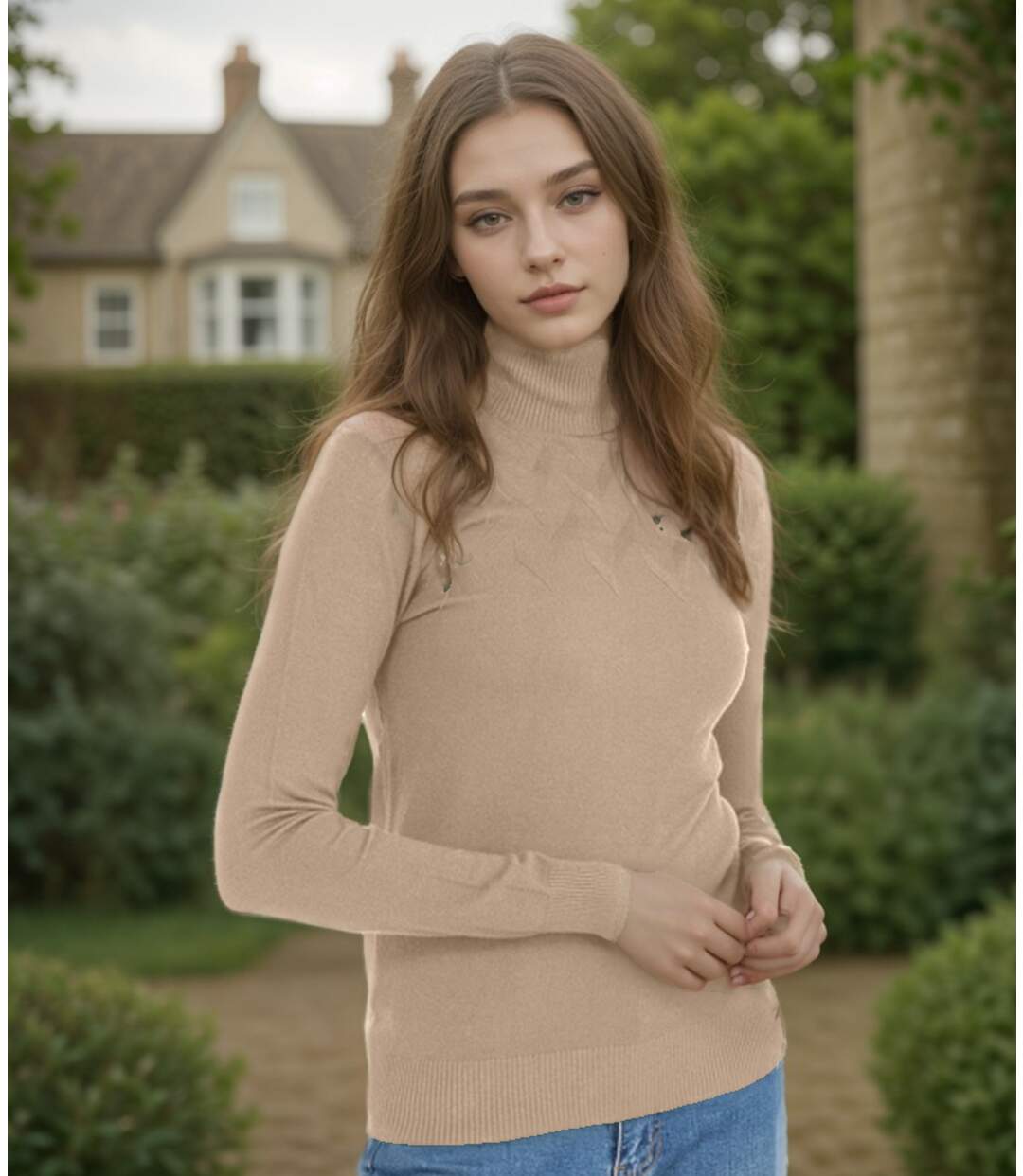 Pull femme manches longues - Col roulé - Couleur beige-3