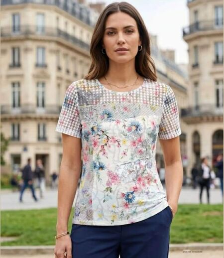 Tee-shirt MAYFLOWER BAG15117A fleuri : l'élégance du voile et de la transparence