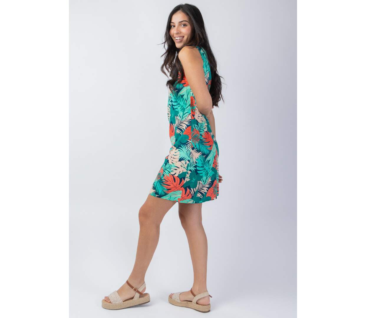 Robe courte sans manches coton femme CHRISTINA motif feuillage Coton Du Monde-3