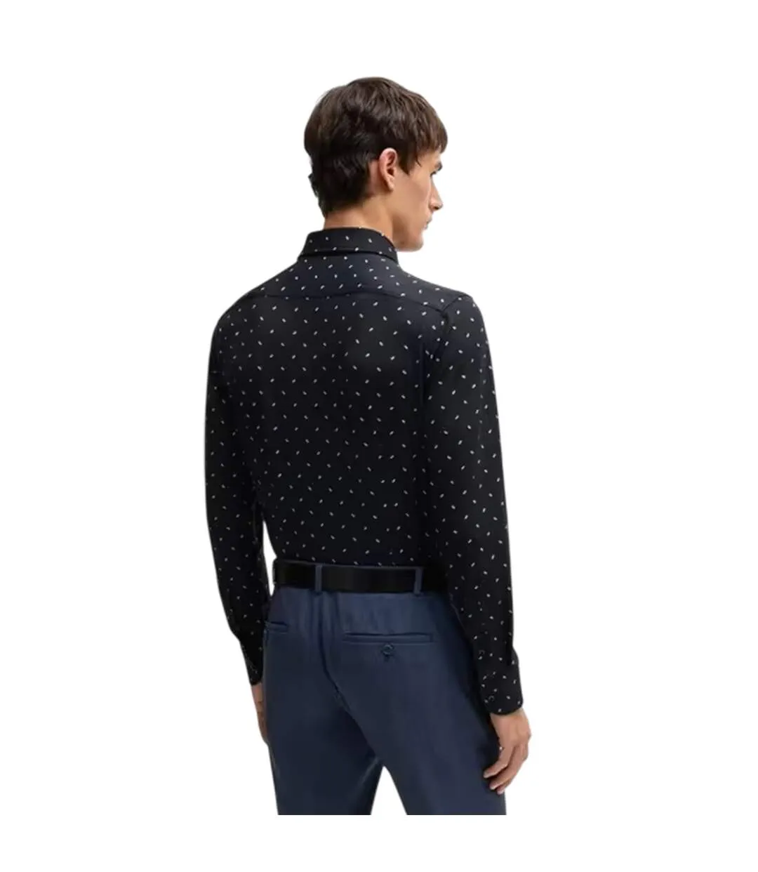 Mens Dotted Point Collar Long-sleeved Shirt Dark Blue Boss-3