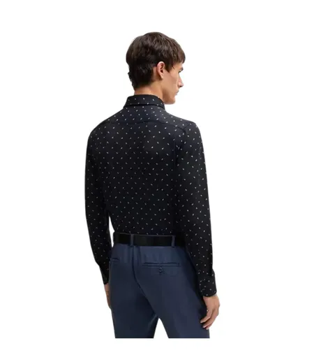 Mens Dotted Point Collar Long-sleeved Shirt Dark Blue Boss