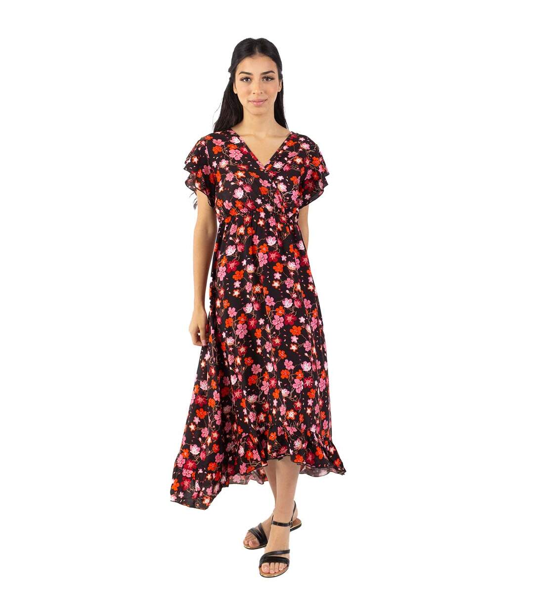 Robe longue à volants KENDRA imprimé fleurs de cerisier noir Coton Du Monde