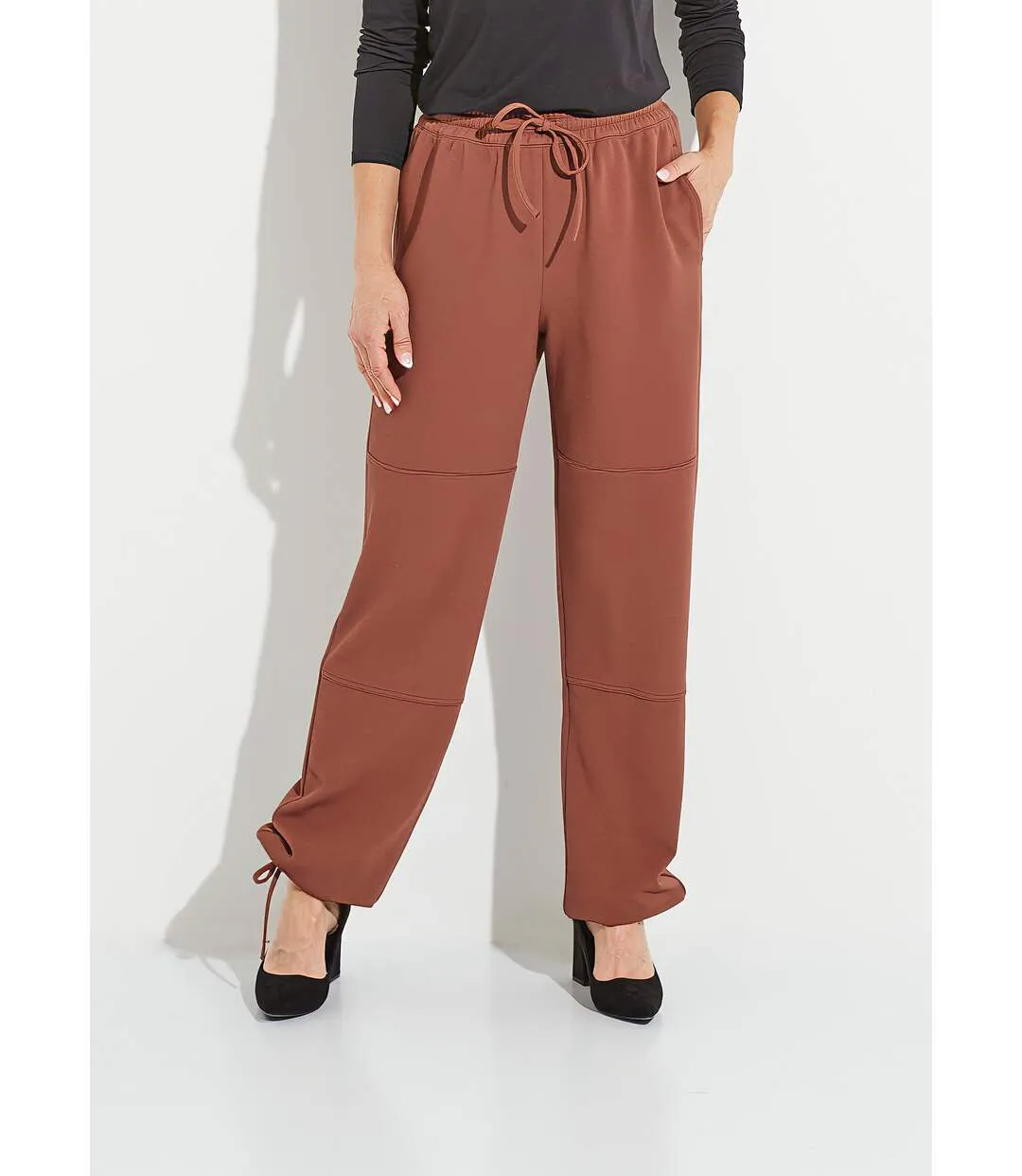 Pantalon large ceinture élastiquée maille crêpe unie-1