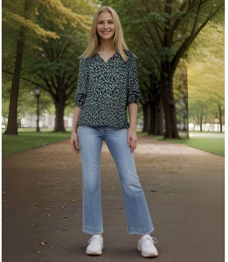 Blouse femme imprimée motifs fleurs manches longues - Col rond - Couleur vert - bleu