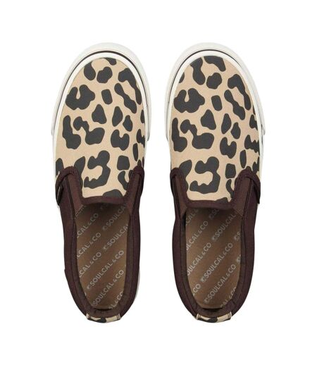 Womens/ladies Leopard Print Canvas Slip-on Trainers Brown SoulCal