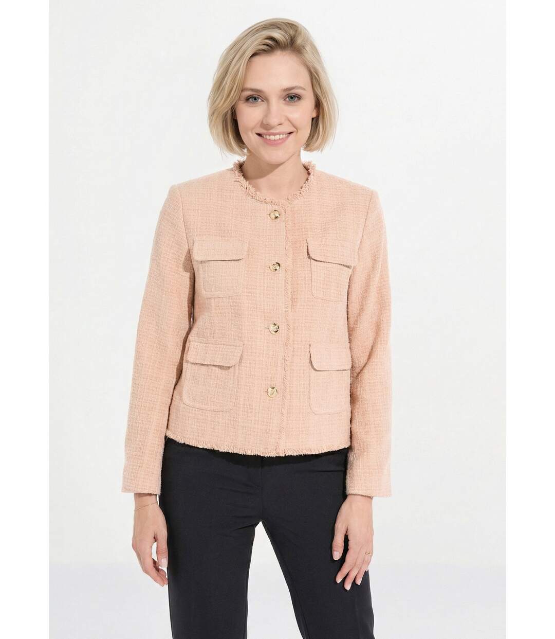 Veste tweed boutonnée frangée sans col-1