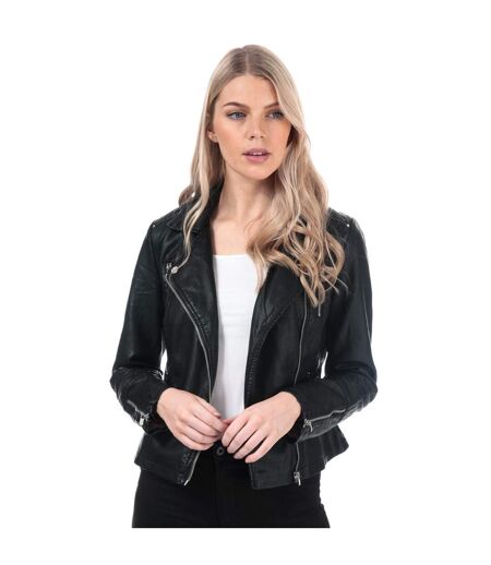 Womens/ladies Gemma Faux Leather Biker Jacket Black Only