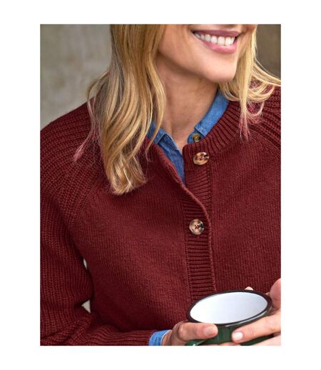 Womens/ladies Ribbed Crew Neck Cardigan Redcurrant WoolOvers