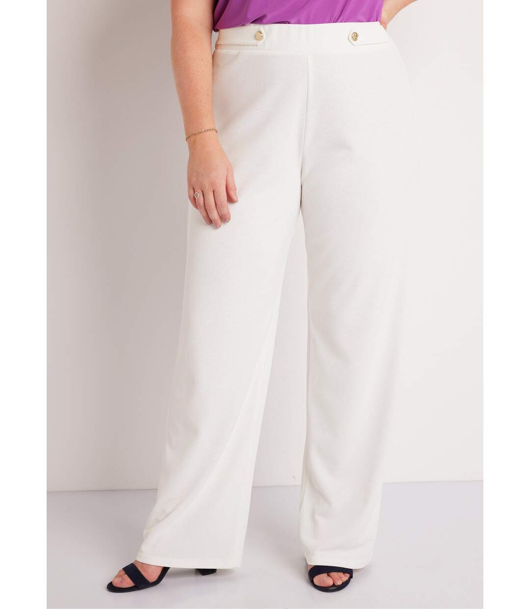 Pantalon large uni taille semi élastiquée-1