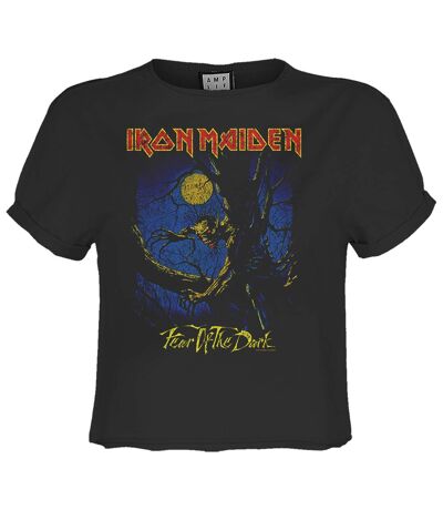 Womens/ladies Fear Of The Dark Iron Maiden Crop Top Charcoal Amplified