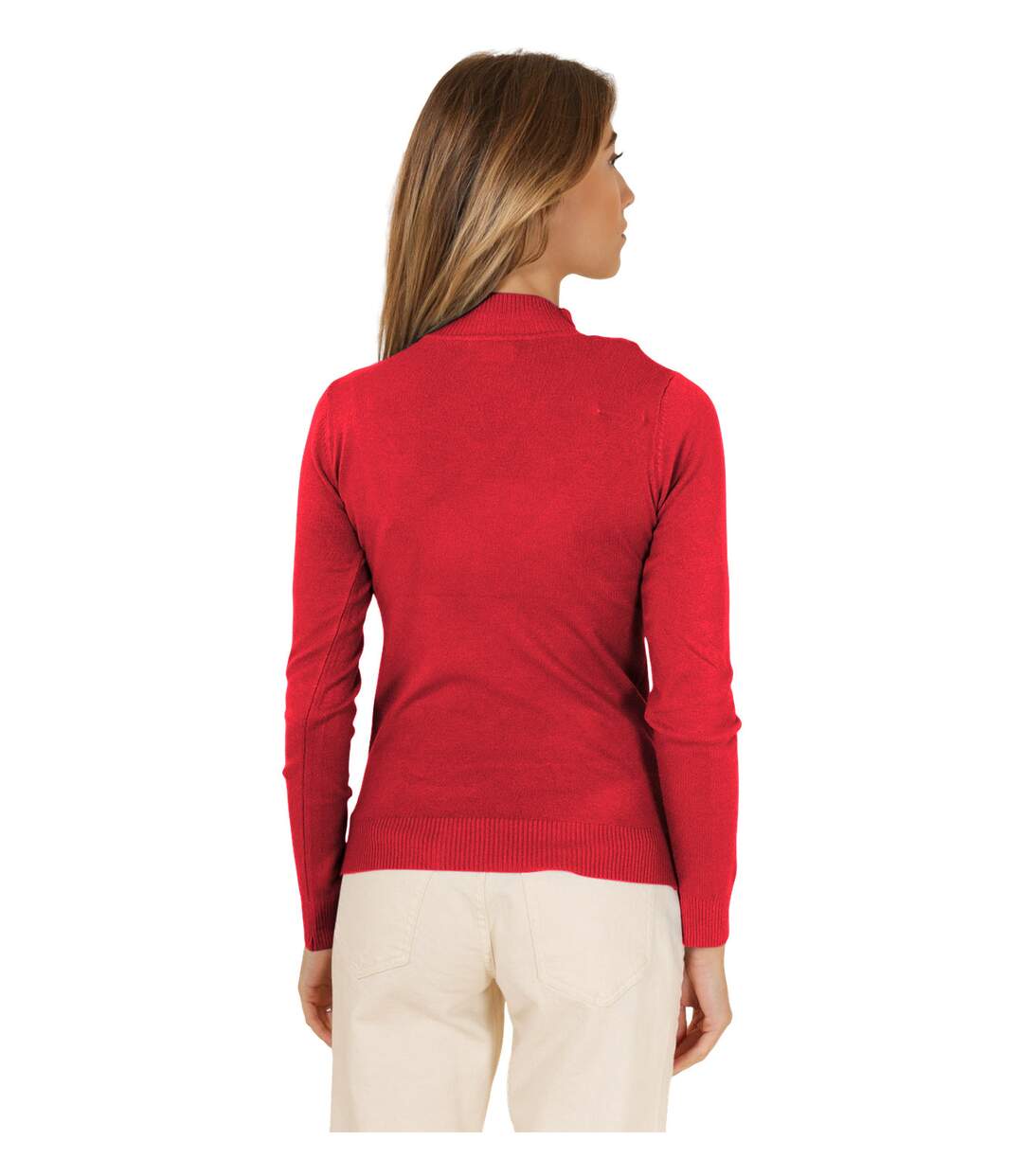 Pull femme de couleur rouge col montant manches longues.