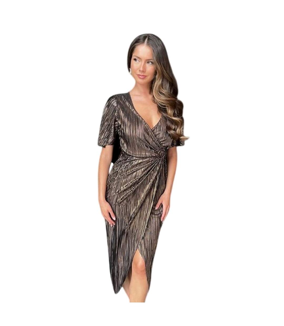 Womens/ladies Buckle Detail Party Wrap Dress Bronze Ax-1