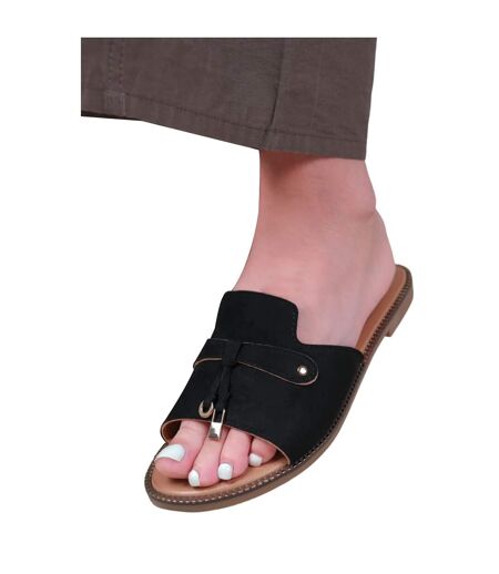 Womens/ladies sandra fringe flat sliders black Where´s That From