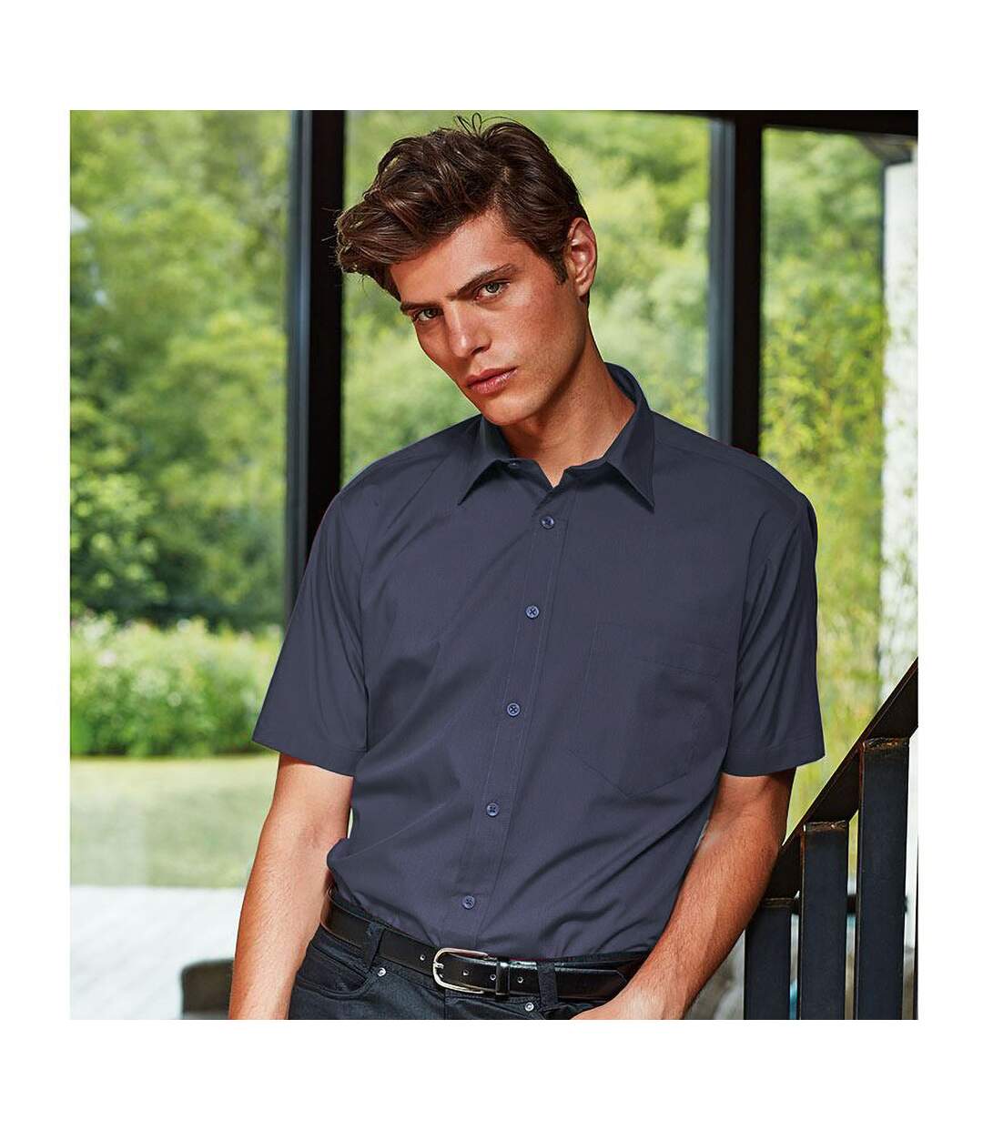 Mens short sleeve formal poplin plain work shirt navy Premier