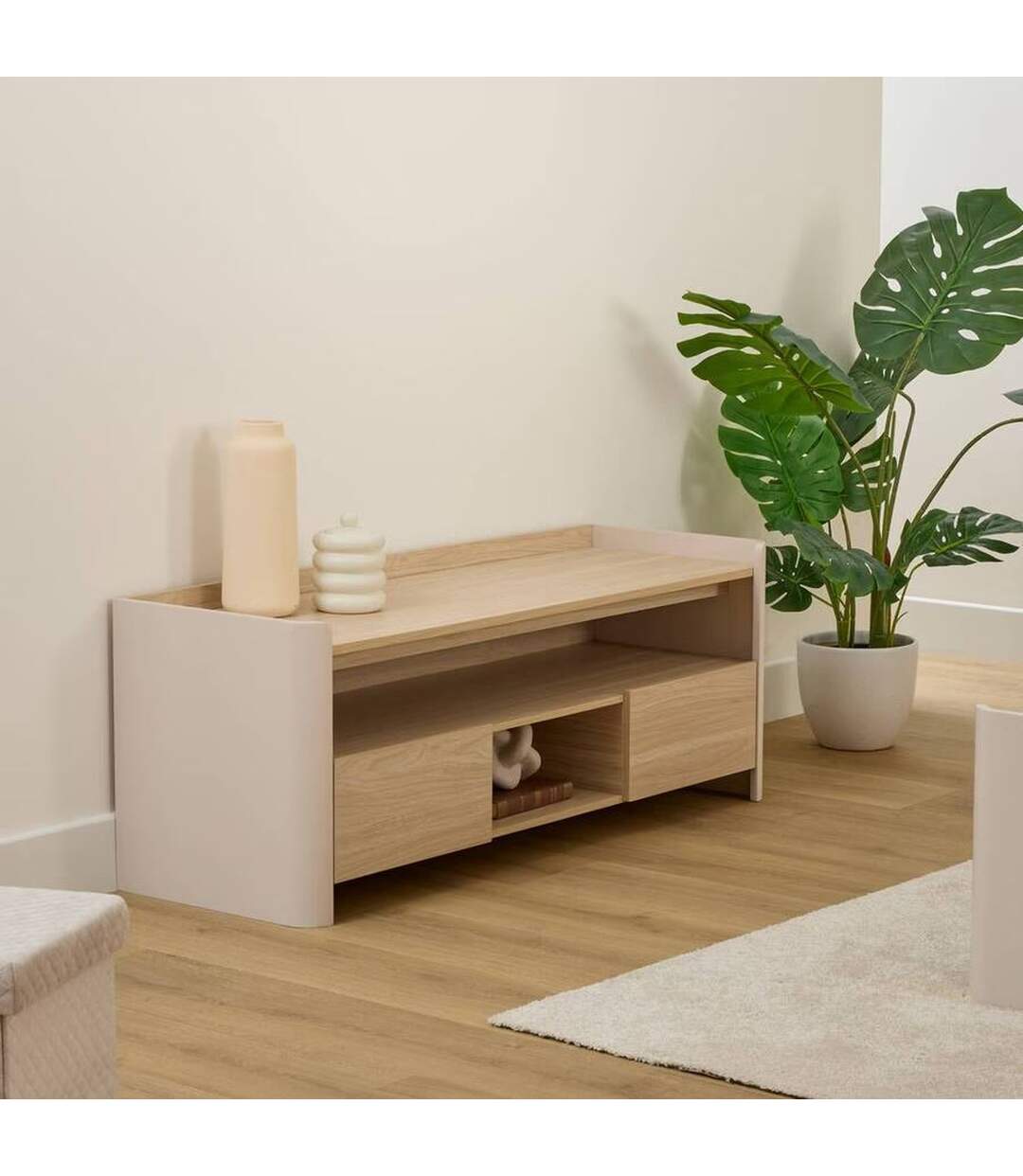 Meuble TV 2 tiroirs ROUNDY - Beige-2
