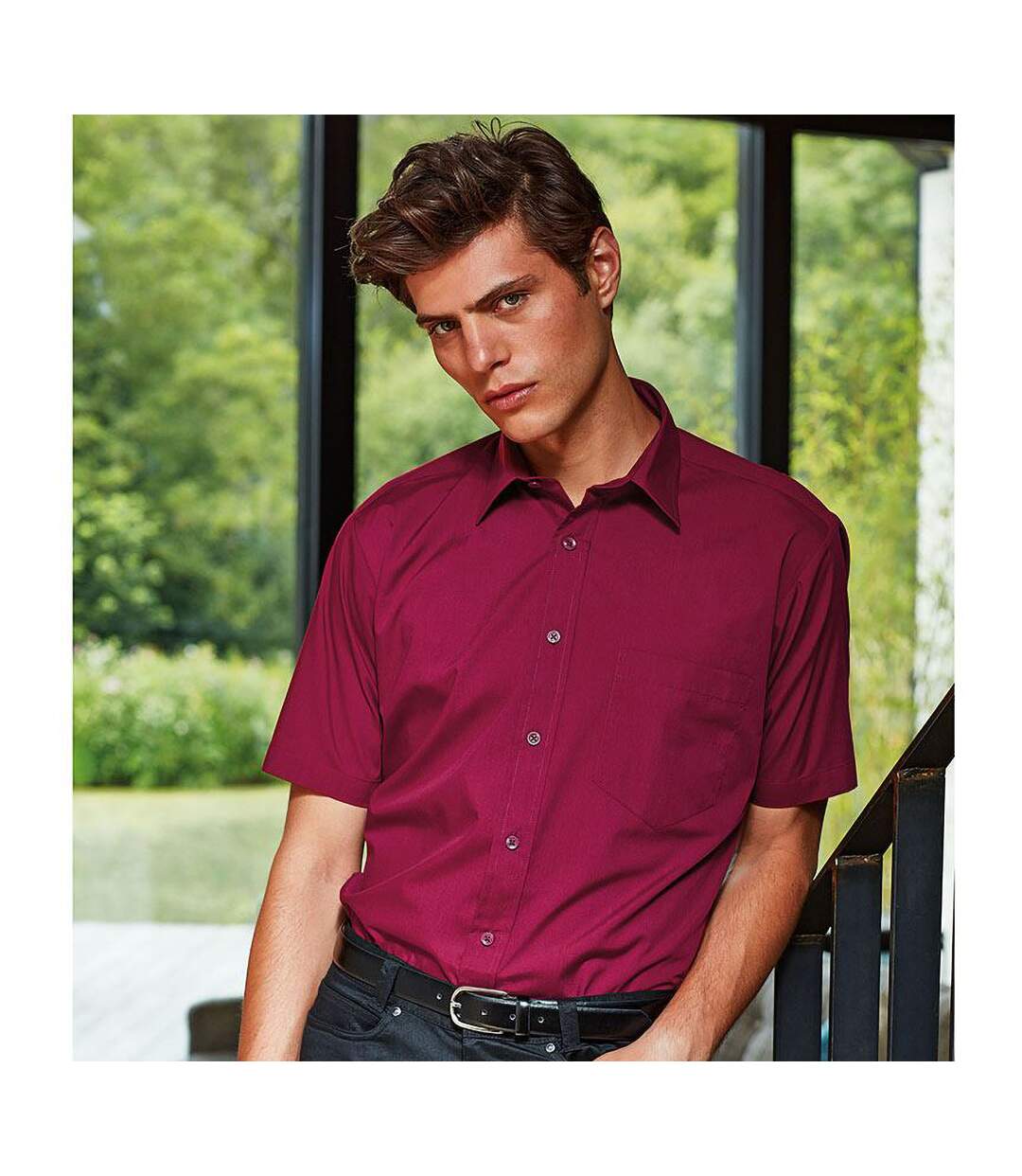 Mens short sleeve formal poplin plain work shirt burgundy Premier