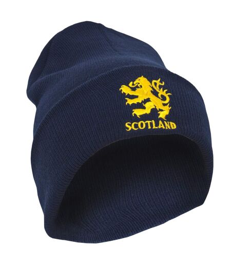 Mens Scotland Lion Design Embroidered Winter Beanie Hat (Navy)