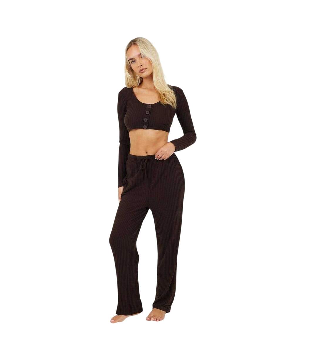 Womens/ladies Ribbed Loungewear Set Chocolate Brave Soul-2