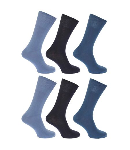 FLOSO Mens Plain 100% Cotton Socks (Pack Of 6) (Shades of Blue) - UTMB183