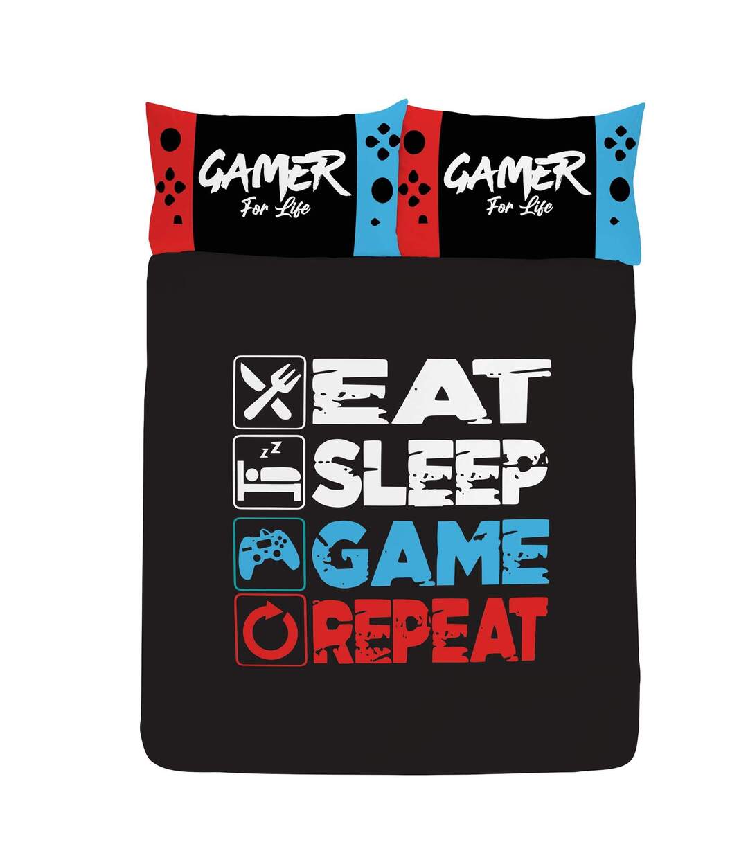 Eat Sleep Game Repeat Reversible Duvet Set Black White Red Blue Floso-1