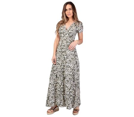 Robe longue manches courtes  MARBELLA kaki et beige Coton Du Monde