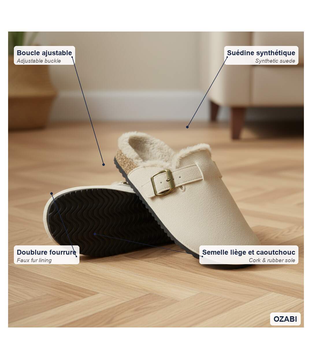 OZABI Sabots Mules Femme Fourrées Suédine Boucle Ajustable-4