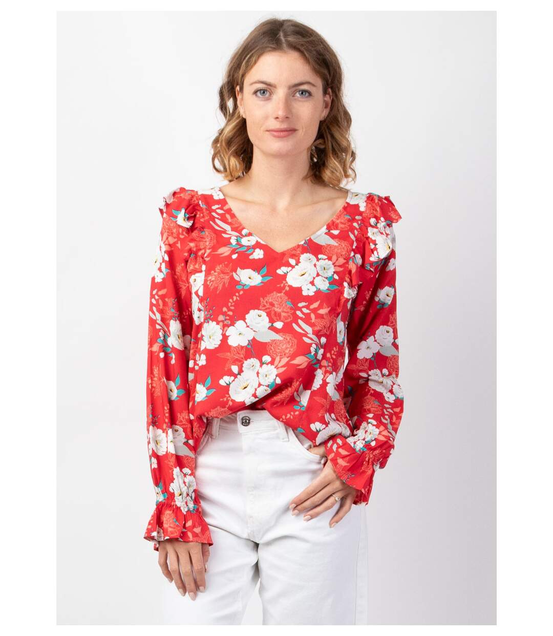 Top manches longues en viscose CASSIOPEE motif fleuri lumineux rouge Coton Du Monde