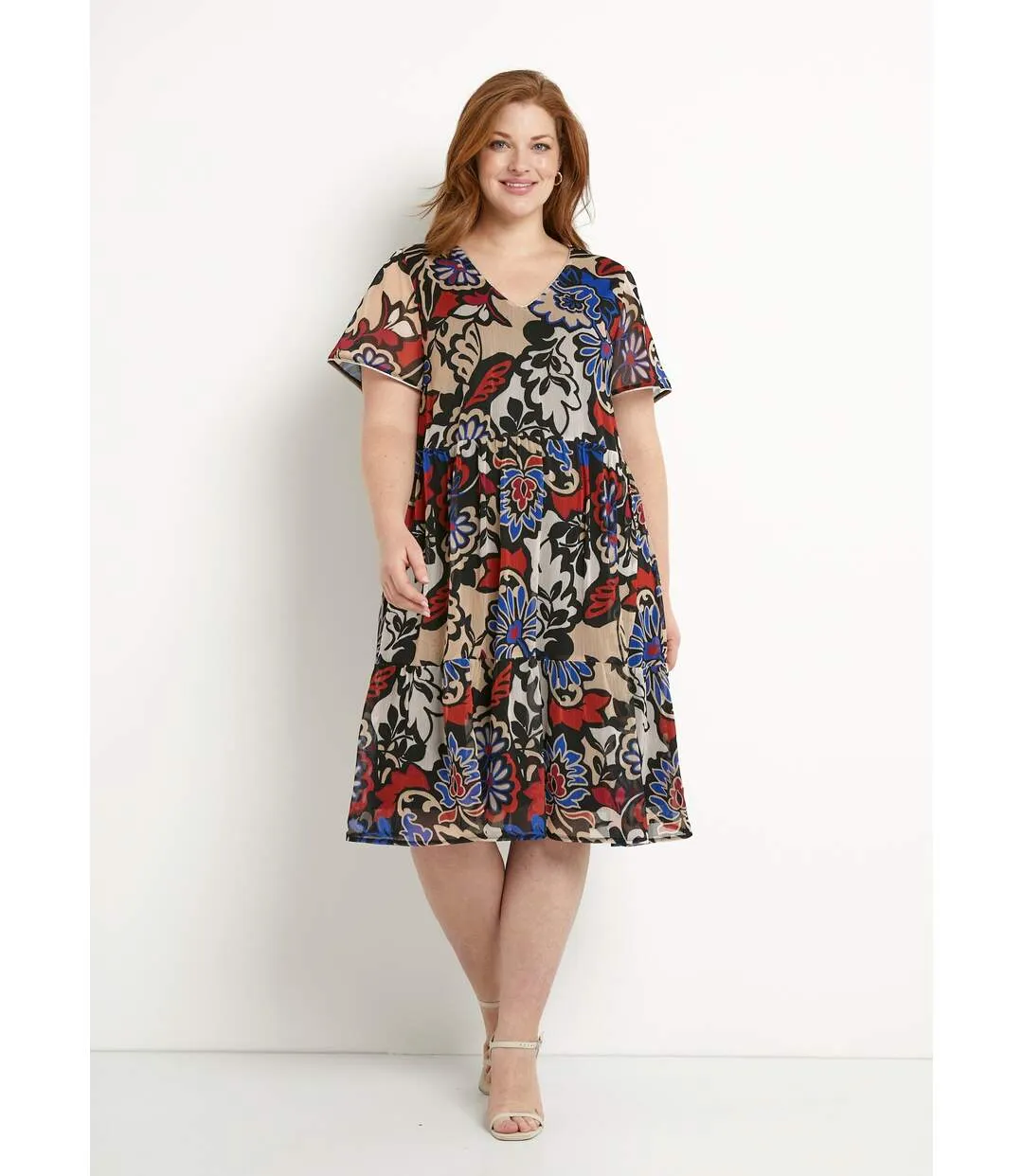 Robe courte évasée volantée voile imprimé-1