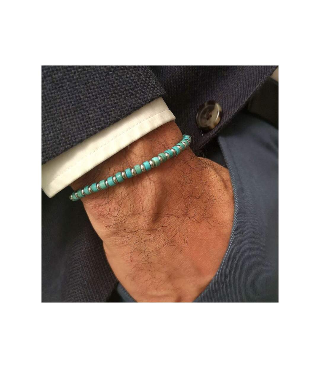 Bracelet Homme perles d'acier et de rocaille turquoise BLUE DISK STONE