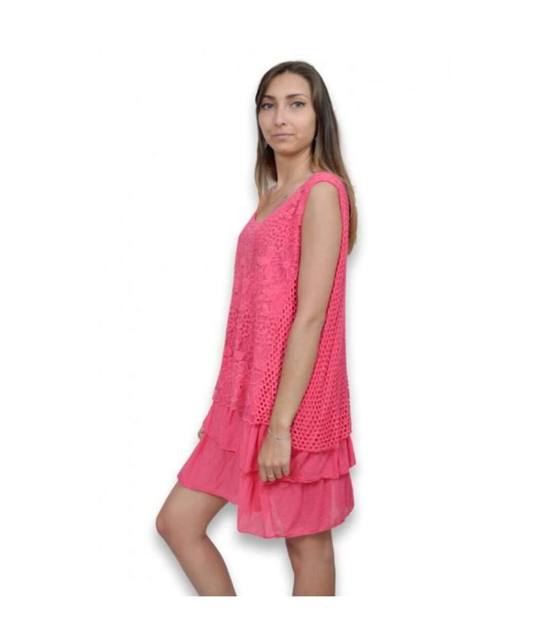 Robe femme sans manche de couleur fushia col rond-3