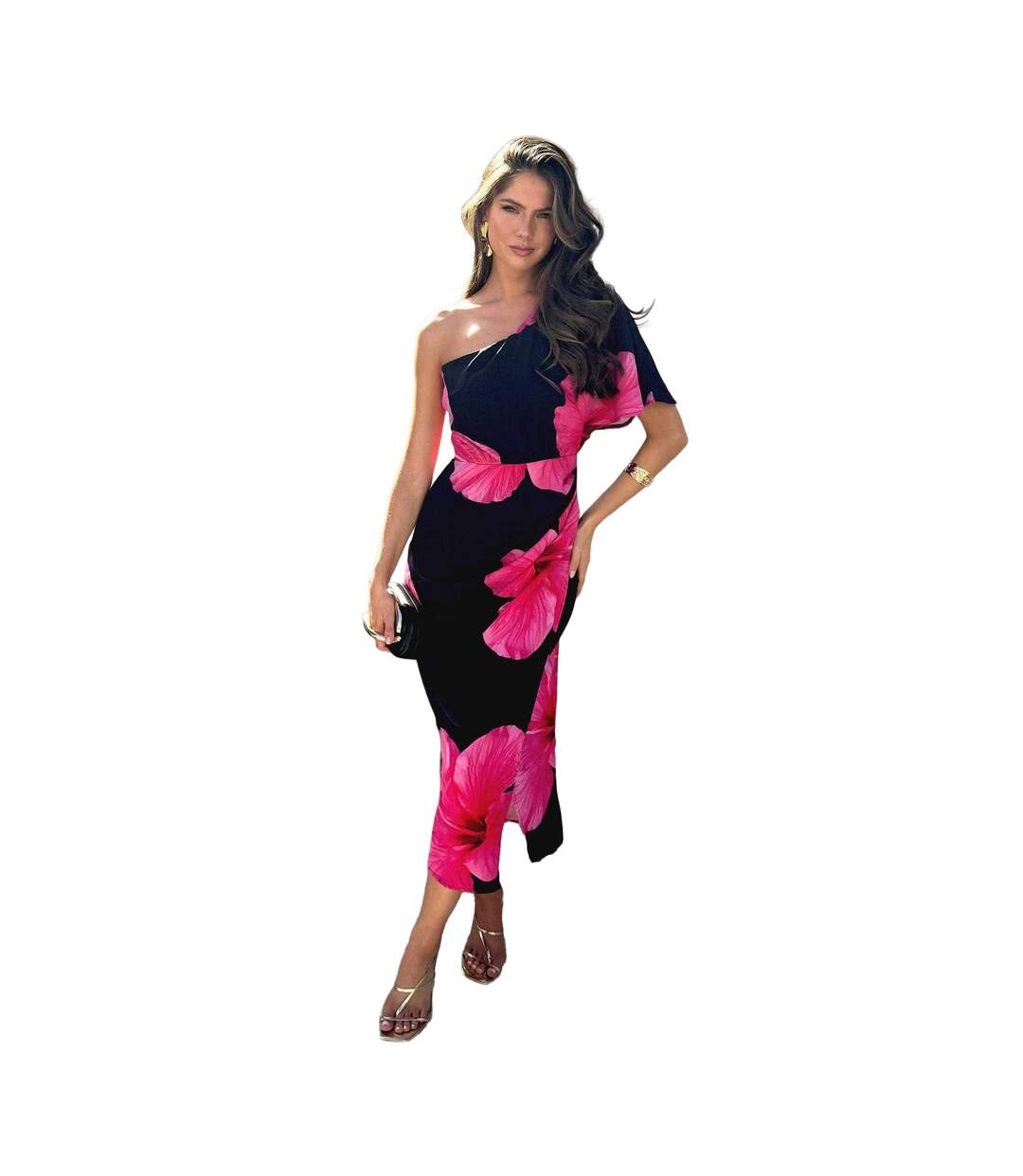 Robe Mi-longue 1 Manche Fête Femme Noir Ax-2