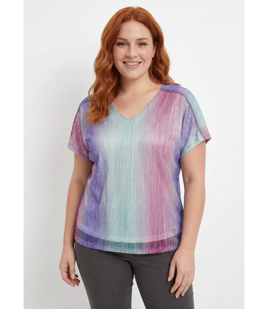 T-shirt court brillant col V effet plissé-1